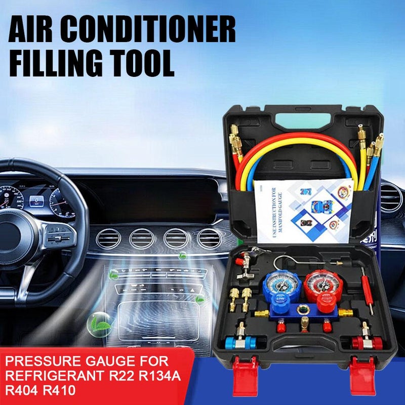 AC Gauge Set R410a R134a R22,Air Conditioning Pressure Manifold Gauge Hose Adapter,Automotive AC Manifold Gauge with Hoses,Quick Couplers, Adapters,Refrigerant Refill Kit for Car, Home Use - Image 5